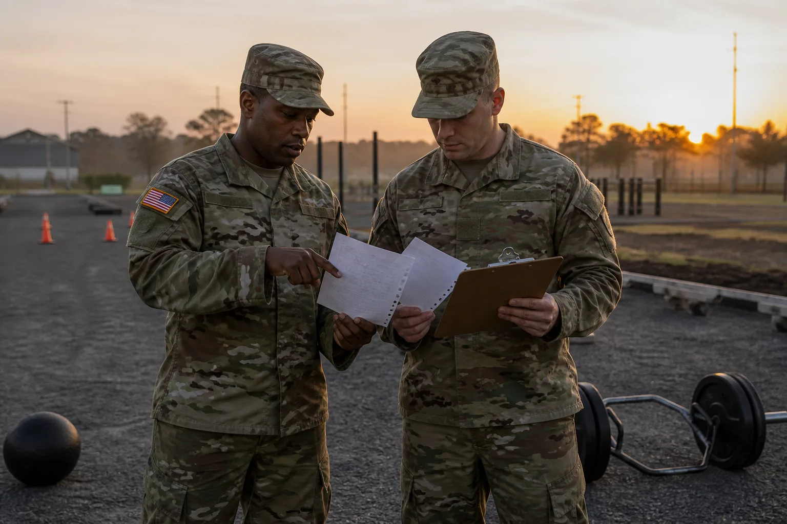 ACFT calculator scene: grader comparing a six-event Army Combat Fitness Test scorecard to a five-event AFT card beside a hex bar and medicine ball