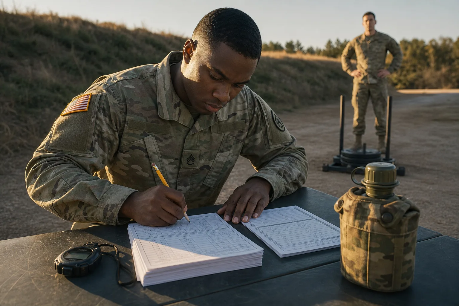 NCO transferring raw deadlift, push-up, shuttle, plank, and run numbers from an old six-event card onto a five-event worksheet