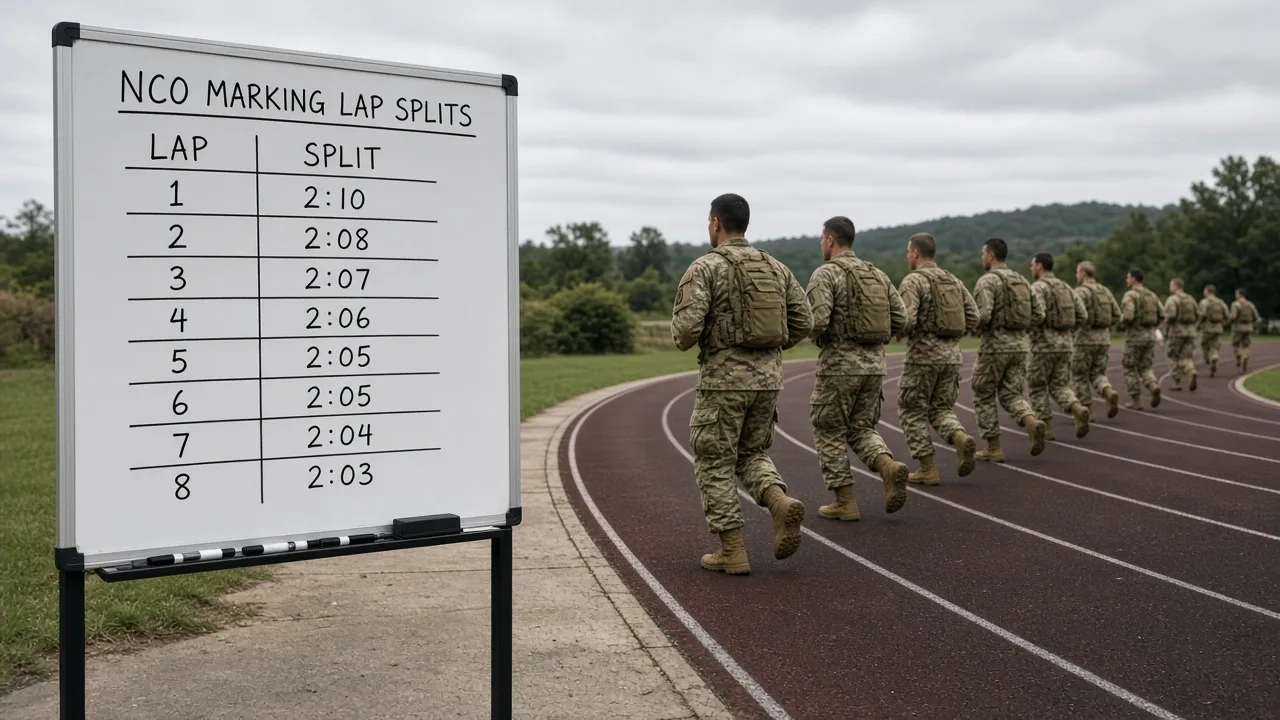 NCO marking 400-meter lap splits on a whiteboard beside an outdoor track
