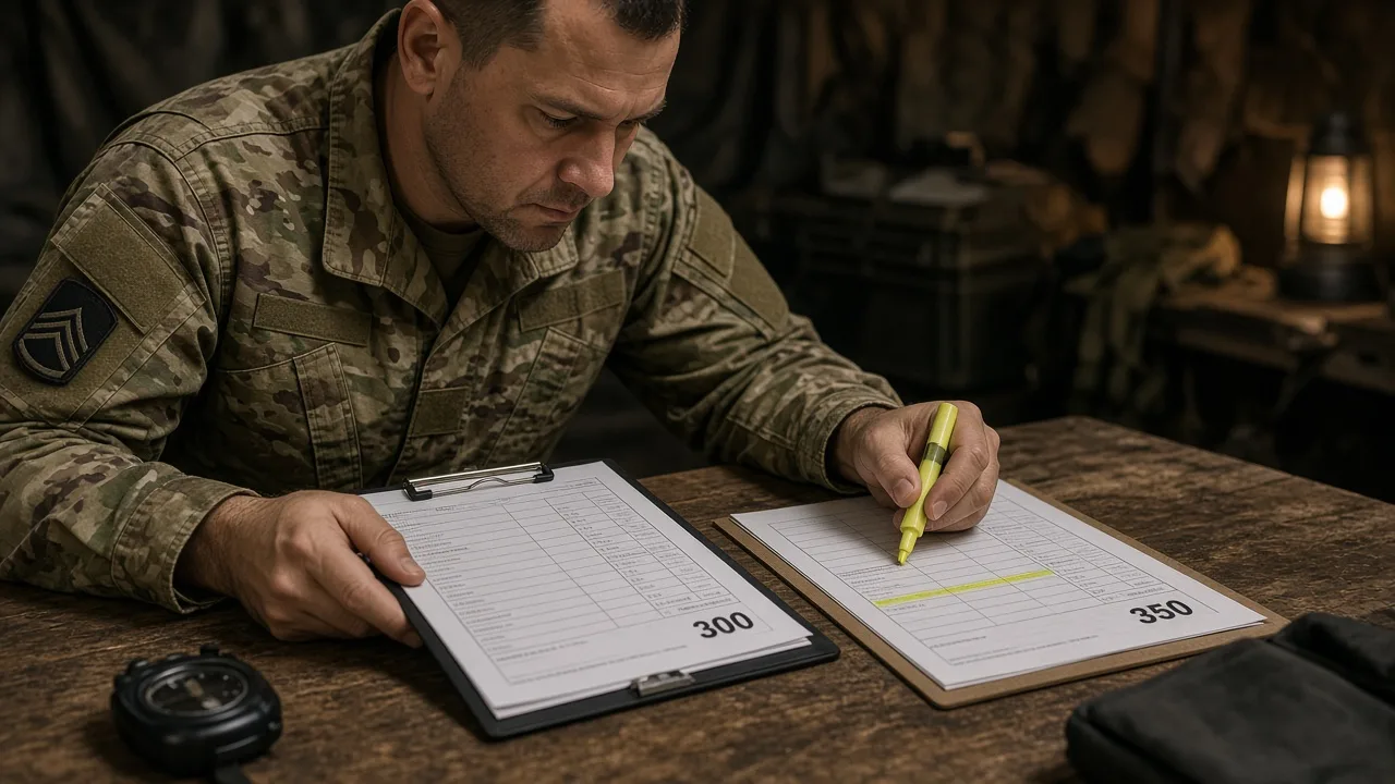 NCO comparing a 300-point general pass sheet with a 350-point combat standard sheet at a field desk