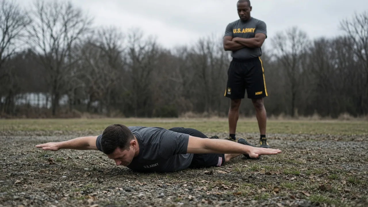 Soldier prone with both arms extended out to the sides during the hand-release phase of a push-up