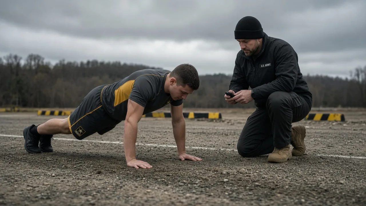 Soldier locked out at the top of a hand-release push-up while a grader watches with a stopwatch
