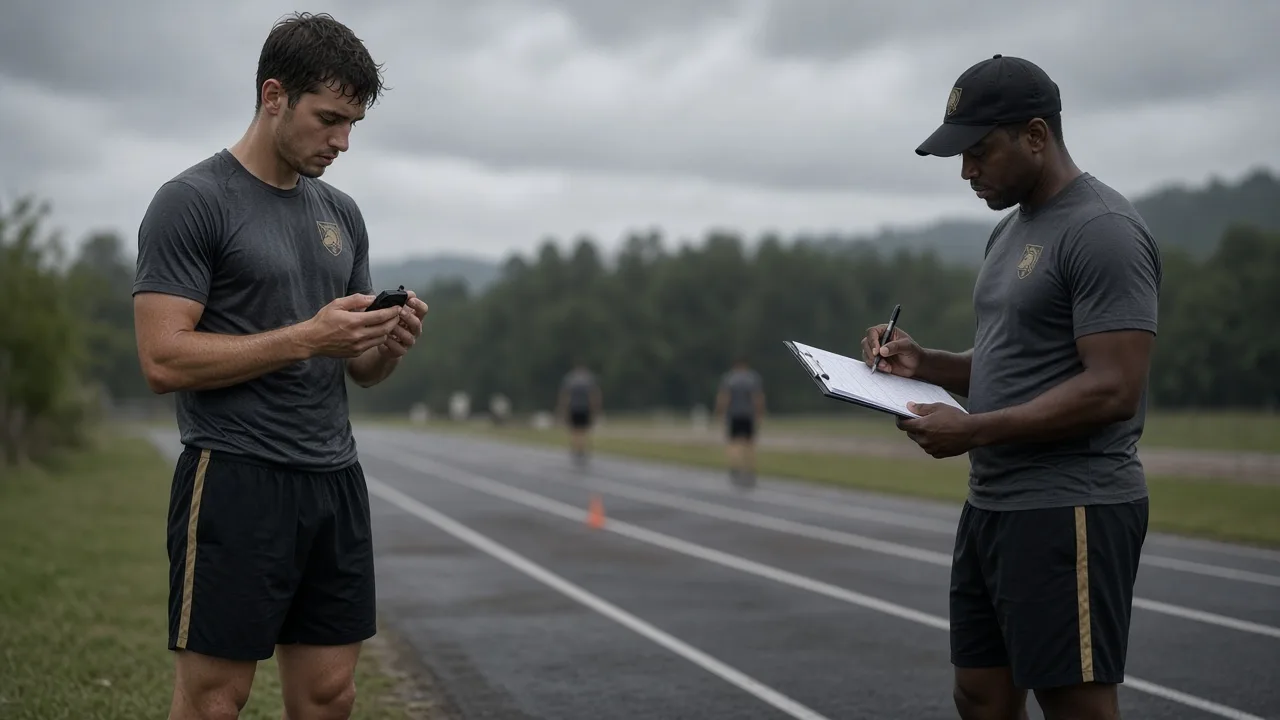 Soldier checking a stopwatch after a run while a grader records the Army fitness test time
