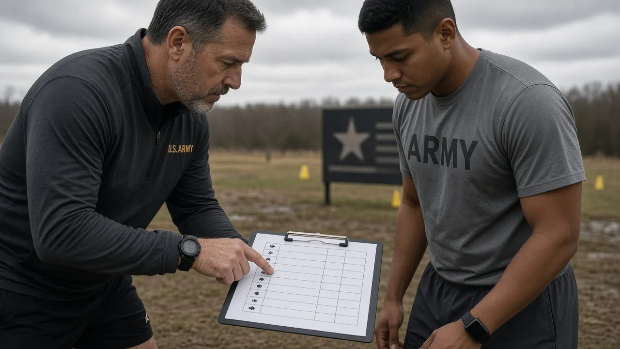 Grader and soldier reviewing an Army fitness test requirements score table on a clipboard