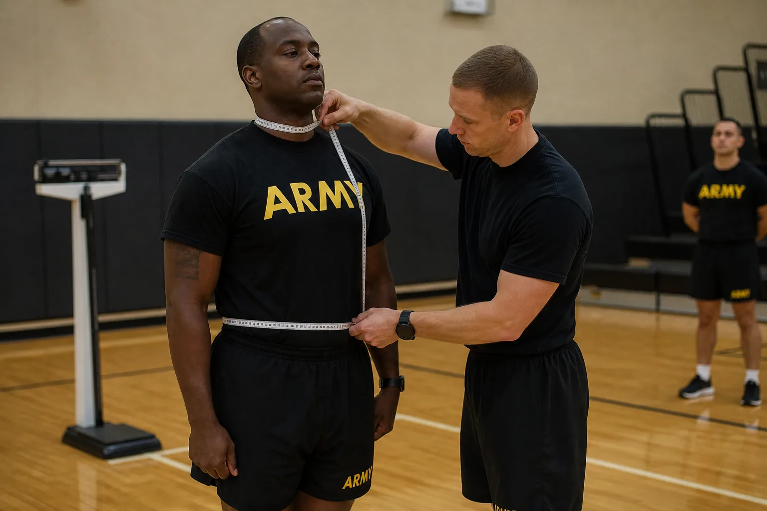 Soldier having neck and waist circumference measured, the older multi-site tape this calculator still estimates