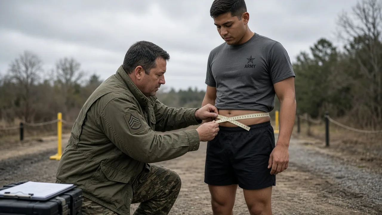 Grader measuring a soldier's abdomen at the navel with a tape for the army body fat calculator