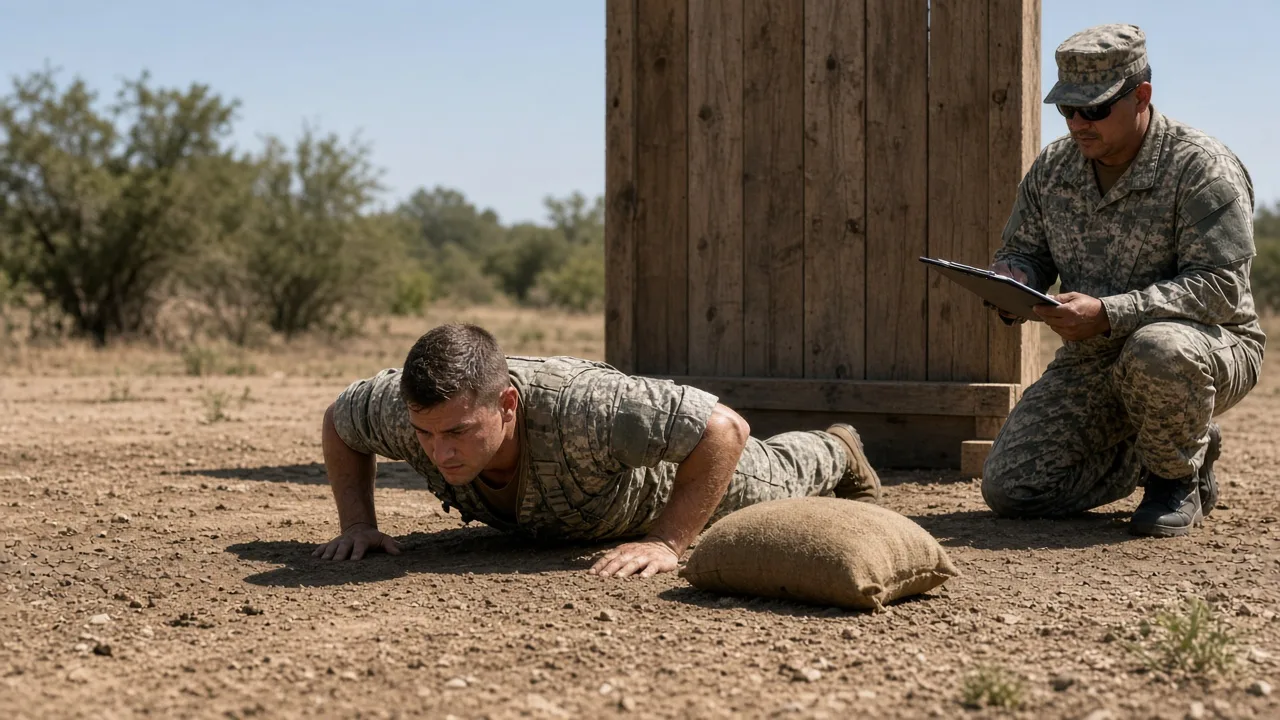 Soldier in ACU performing a dead-stop push-up on dirt with a sandbag platform behind the lane