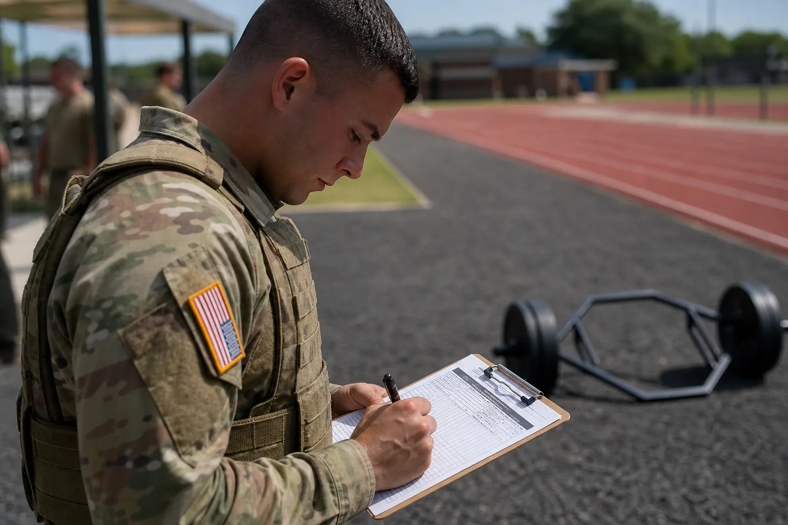 Soldier filling out an Army physical fitness test scorecard on a clipboard at an outdoor testing station