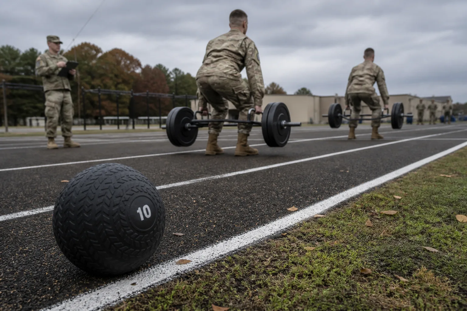 Unused 10-pound medicine ball sitting off an Army fitness test lane while soldiers perform a hex-bar deadlift